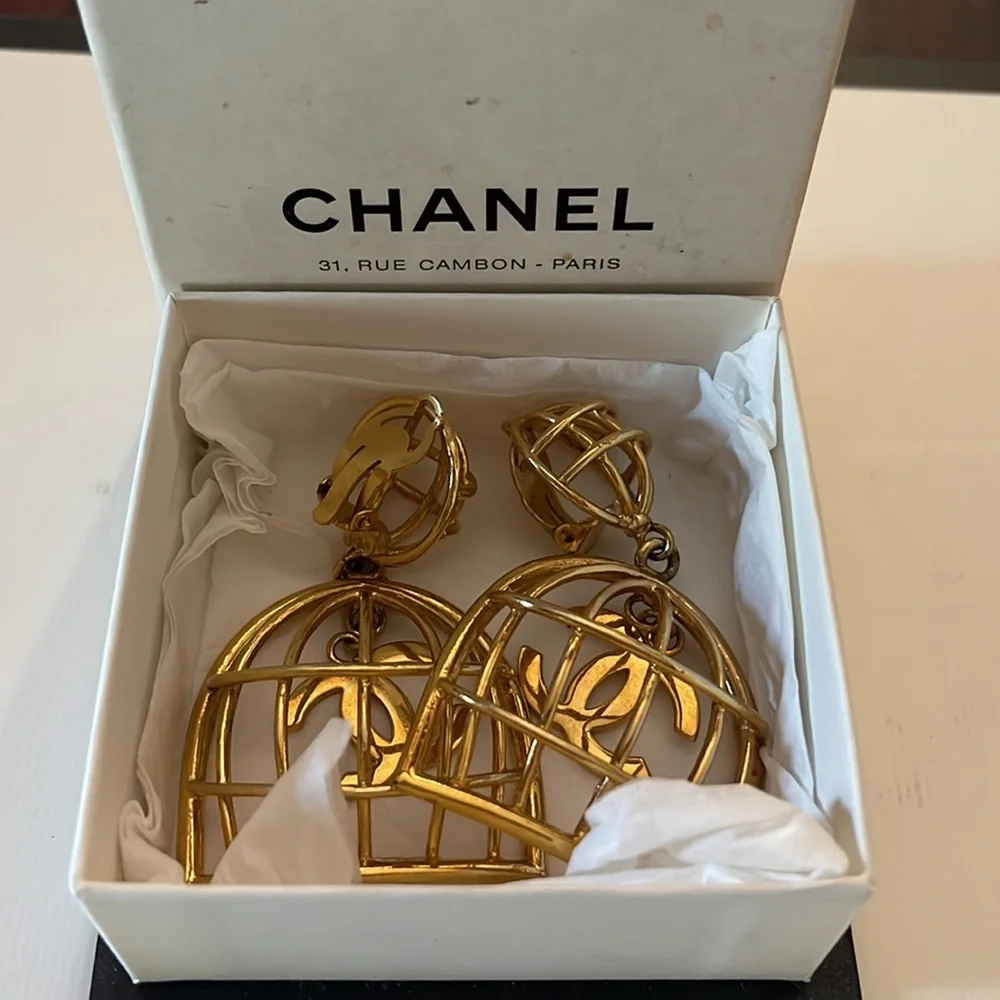 Chanel Large Birdcage 1990’s Gold Earrings with Box CC Vintage Iconic